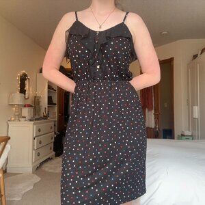 y2k vintage elle black multicolor polka dot ruffle knee length dress